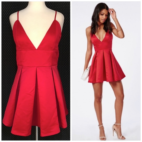 Missguided Dresses & Skirts - NEW Red Deep V Satin Pleated Missguided Dress 16